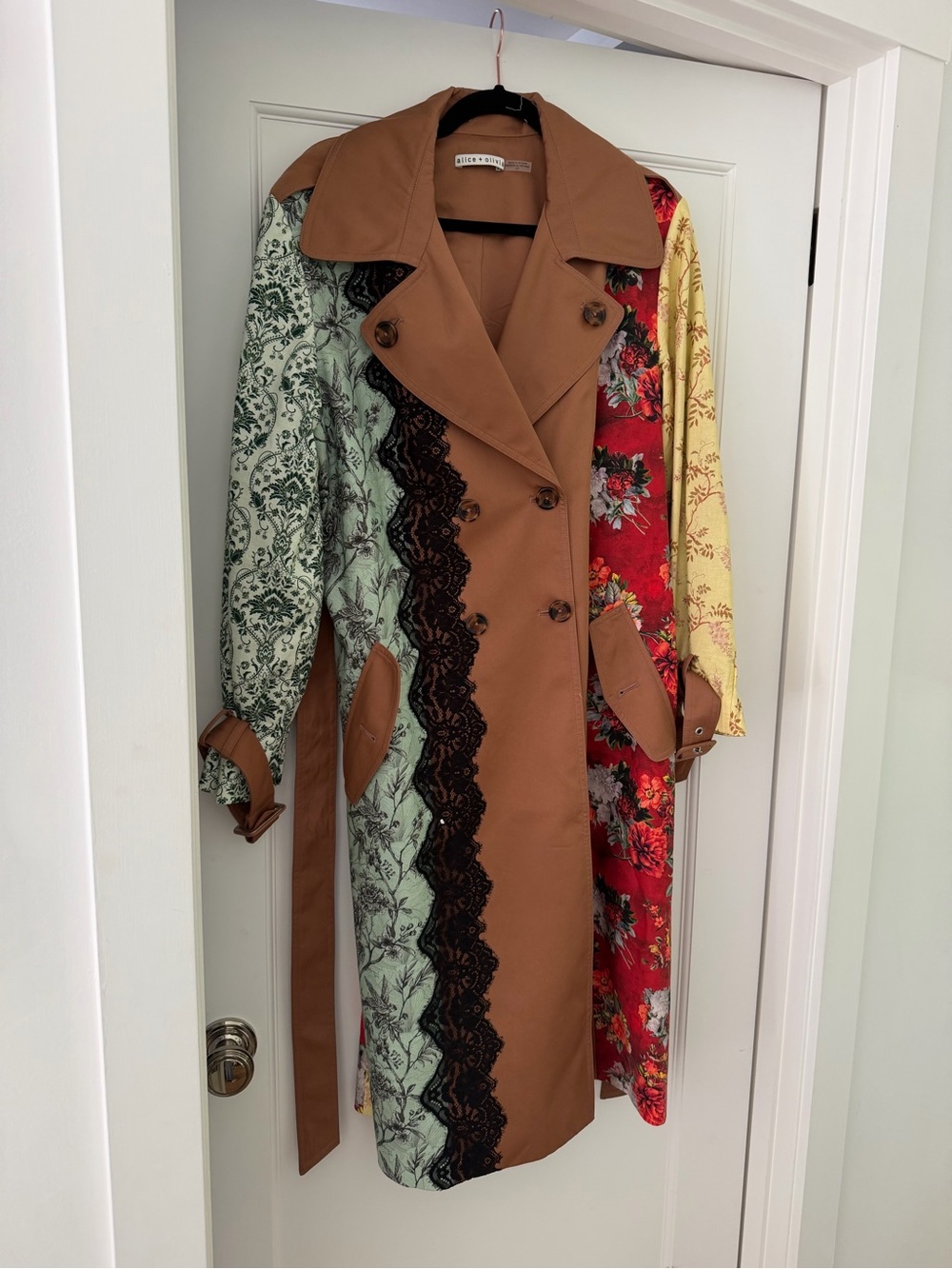 Alice + Olivia Brown Patchwork Floral Trench Coat with Red and Yellow Panels - Picture 7 of 9